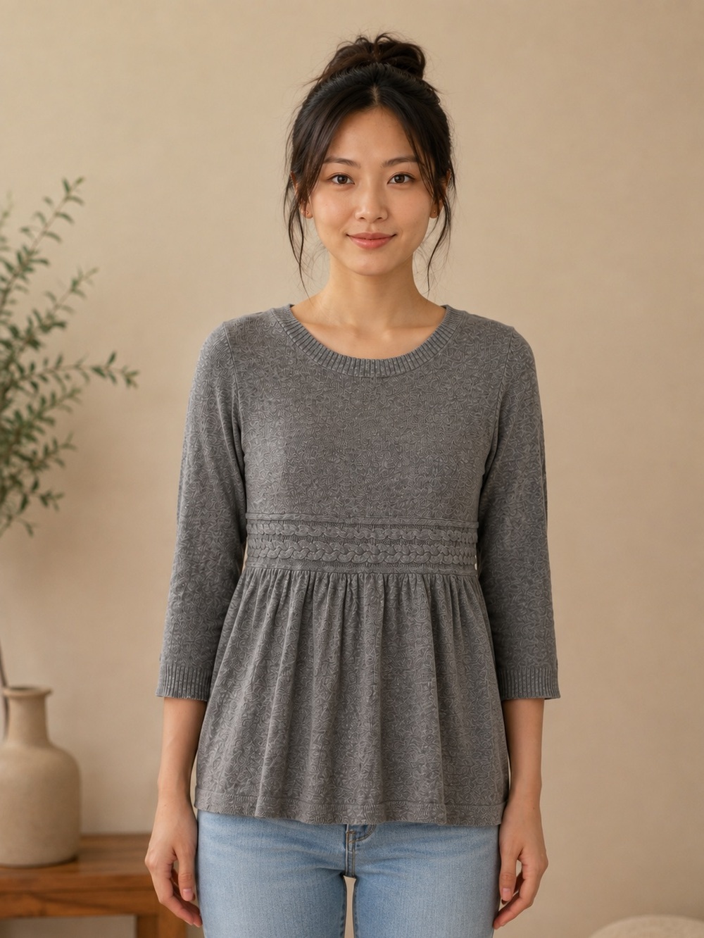 Gray Peplum Sweater XS 3/4 Sleeve Feminine Cotton Wool Blend h&m